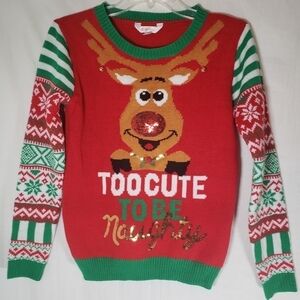 No Boundaries "Too Cute to be Naughty" Red Reindeer Christmas Sweater Sz S